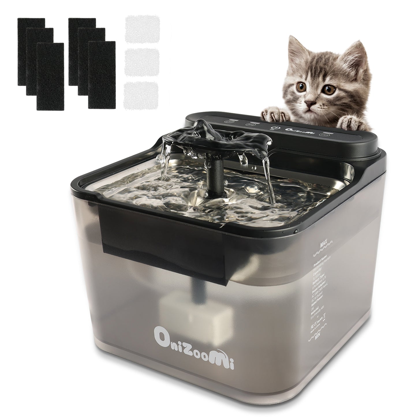 Onizoomi Smart Stainless Steel Bowl Automatic Cat & Dog Water Fountain, Black, 12-Cup