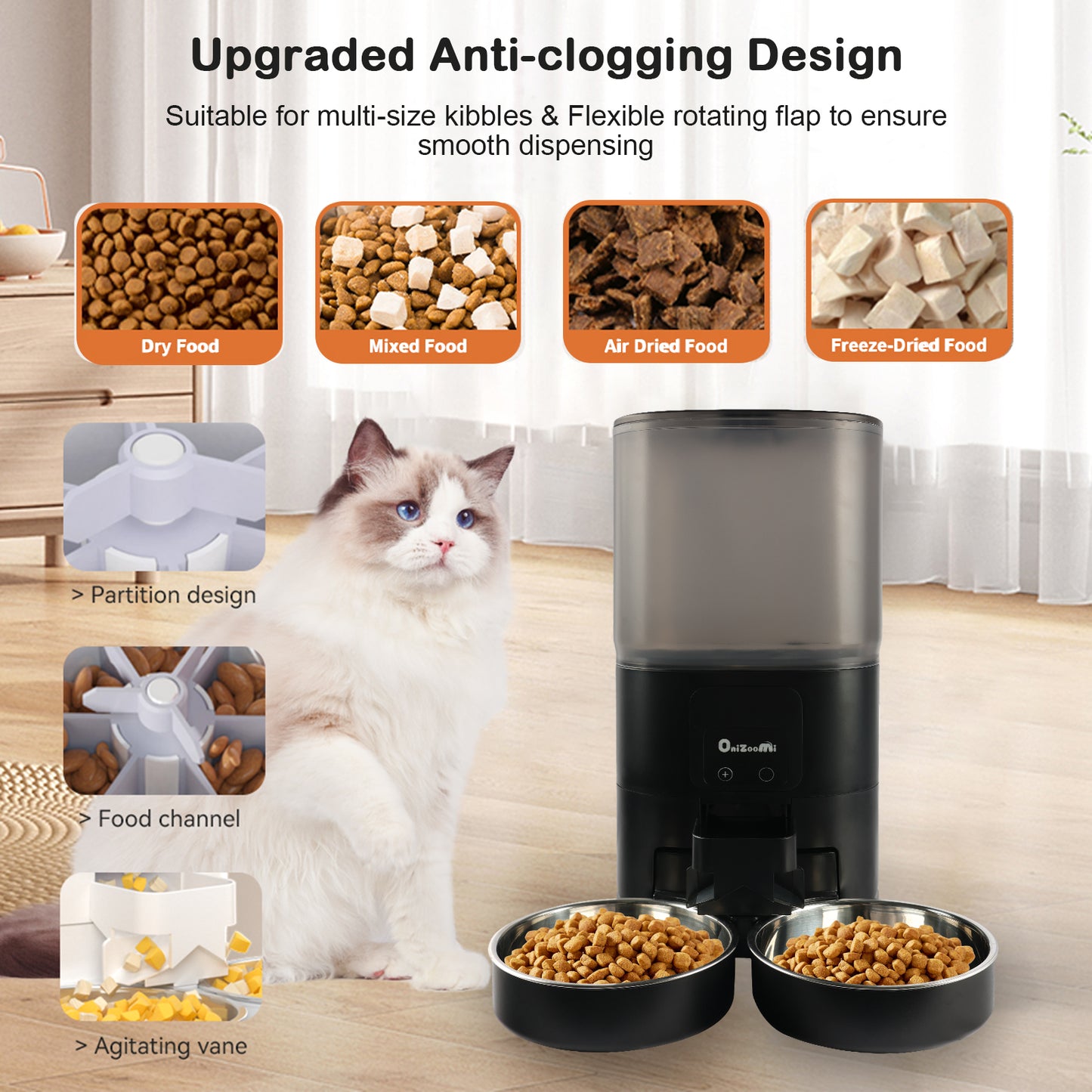 Onizoomi Smart WiFi Automatic Dual Bowl Cat & Dog Feeder, 30-Cup