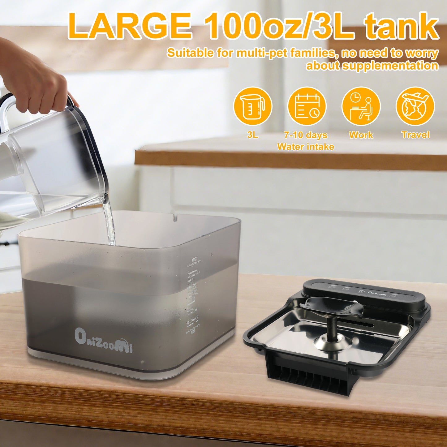 Onizoomi Smart Stainless Steel Bowl Automatic Cat & Dog Water Fountain, Black, 12-Cup