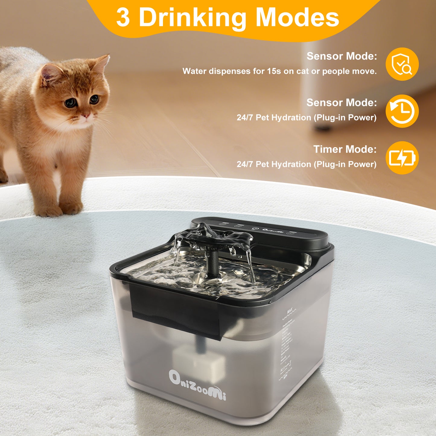 Onizoomi Smart Stainless Steel Bowl Automatic Cat & Dog Water Fountain, Black, 12-Cup